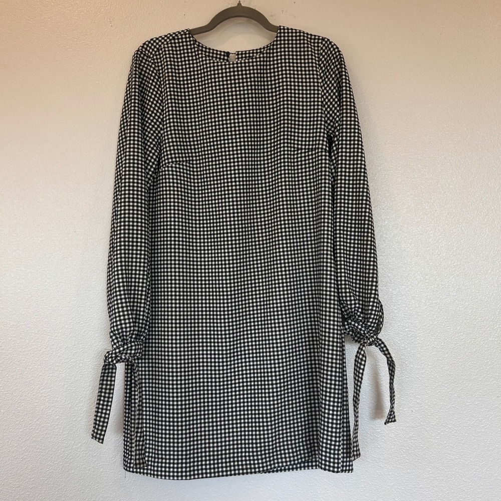 H&M Black White Gingham Check Tie Cuff Shift Mini Dress Size 6 Pockets